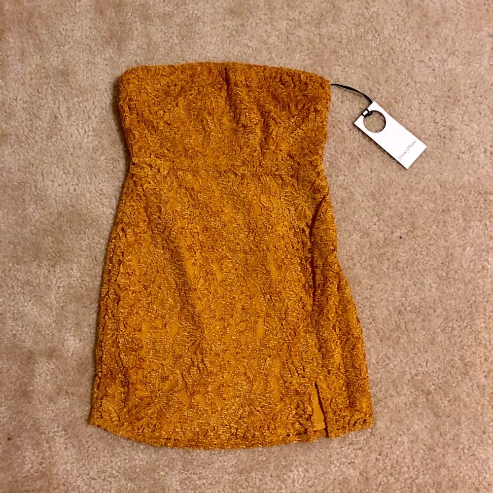 Golden Lace Strapless Mini Dress